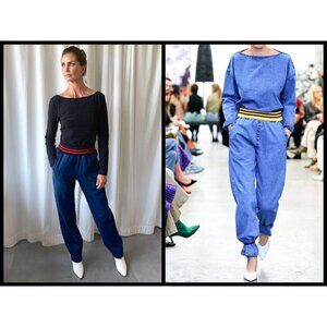 💕RACHEL COMEY💕 Doxa Pant Striped Elastic Waist Acid Wash Denim Navy Large NWT